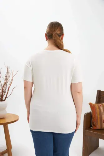 Plus Size Stone Detail Printed T-shirt Ecru - BÜYÜKBEDENIZ (1)
