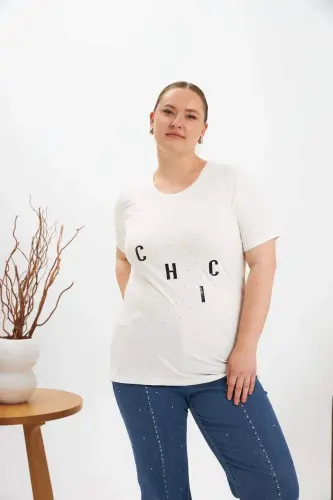 Plus Size Stone Detail Printed T-shirt Ecru - 3