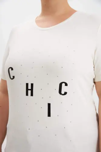 Plus Size Stone Detail Printed T-shirt Ecru - 4