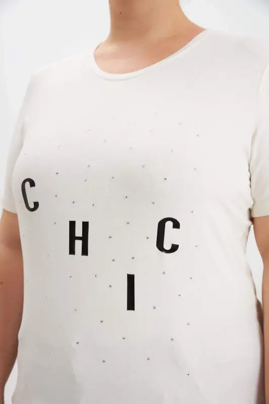 Plus Size Stone Detail Printed T-shirt Ecru - 4