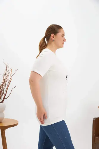 Plus Size Stone Detail Printed T-shirt Ecru - 5