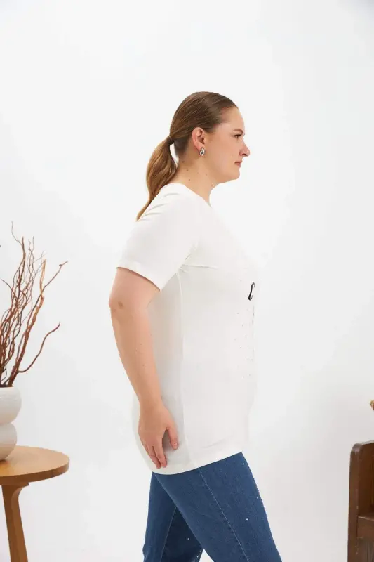 Plus Size Stone Detail Printed T-shirt Ecru - 5