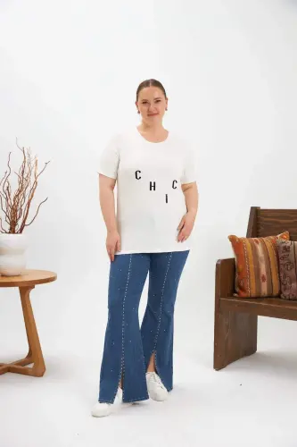 Plus Size Stone Detail Printed T-shirt Ecru - 6