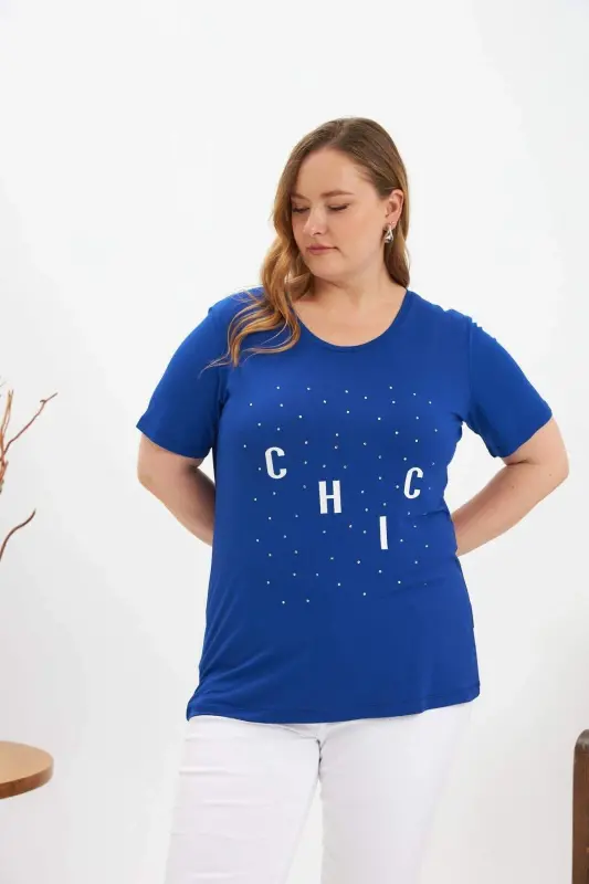 Plus Size Stone Detail Printed T-Shirt Sax - BÜYÜKBEDENIZ