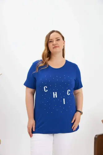 Plus Size Stone Detail Printed T-Shirt Sax - BÜYÜKBEDENIZ (1)