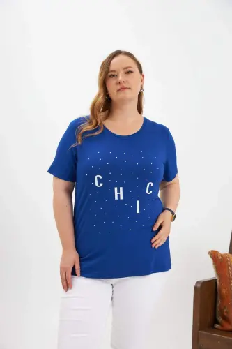 Plus Size Stone Detail Printed T-Shirt Sax - 3