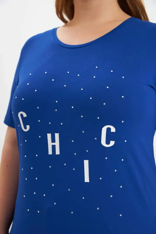 Plus Size Stone Detail Printed T-Shirt Sax - 4