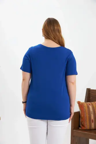 Plus Size Stone Detail Printed T-Shirt Sax - 6