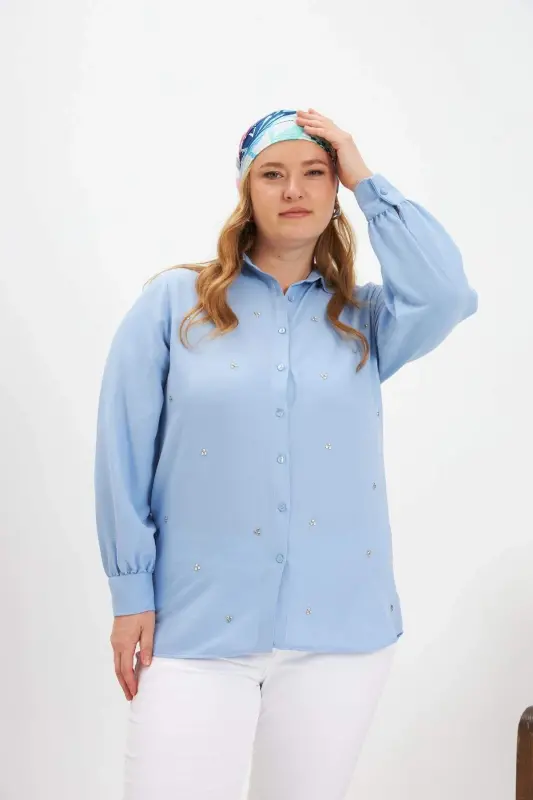 Plus Size Stone Detail Shirt Baby Blue - 2