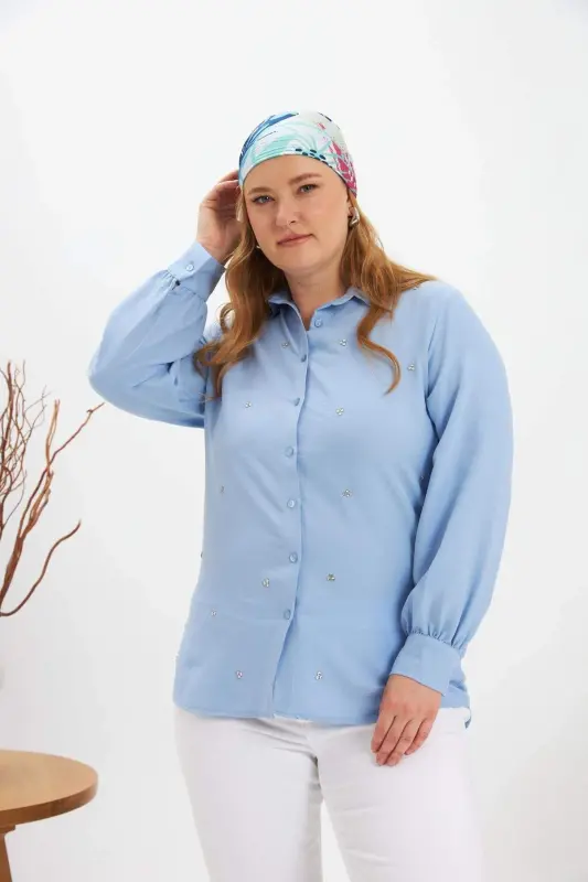 Plus Size Stone Detail Shirt Baby Blue - 3