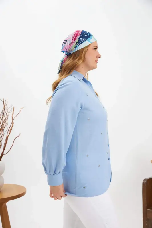 Plus Size Stone Detail Shirt Baby Blue - 5