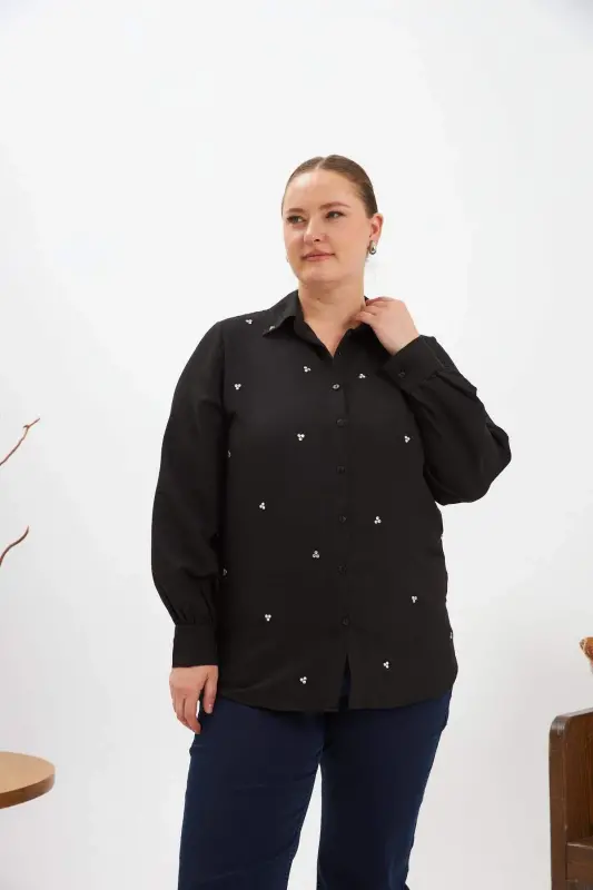 Plus Size Stone Detail Shirt Black - BÜYÜKBEDENIZ