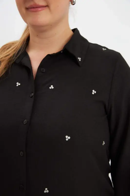 Plus Size Stone Detail Shirt Black - 4