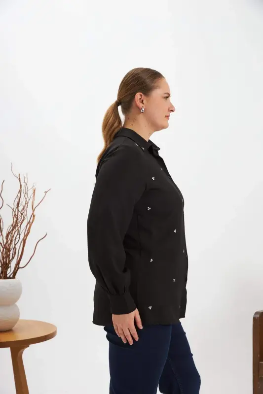 Plus Size Stone Detail Shirt Black - 5