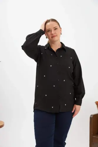 Plus Size Stone Detail Shirt Black - BÜYÜKBEDENIZ (1)