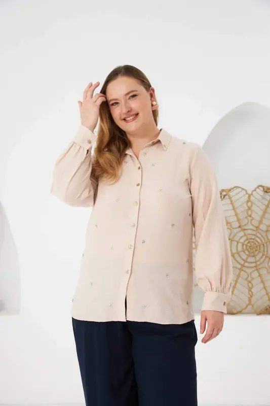 Plus Size Stone Detail Shirt Cream - 1