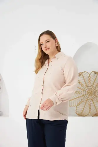 Plus Size Stone Detail Shirt Cream - BÜYÜKBEDENIZ (1)