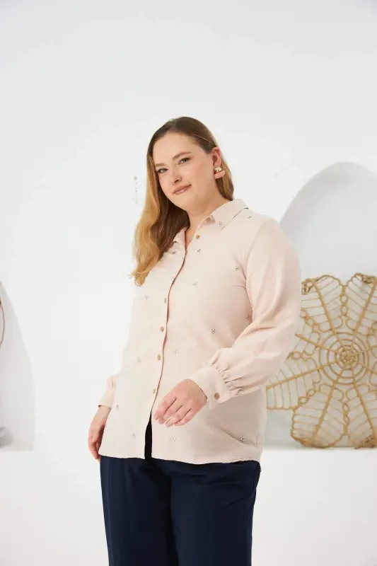 Plus Size Stone Detail Shirt Cream - 2