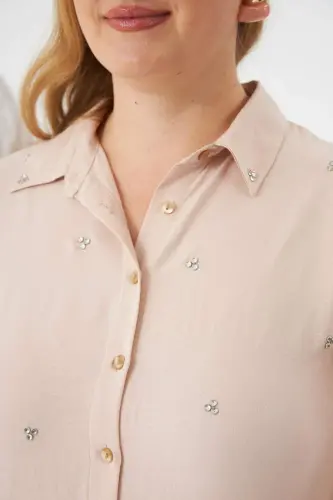 Plus Size Stone Detail Shirt Cream - 3