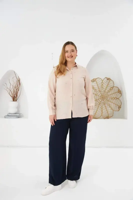 Plus Size Stone Detail Shirt Cream - 5