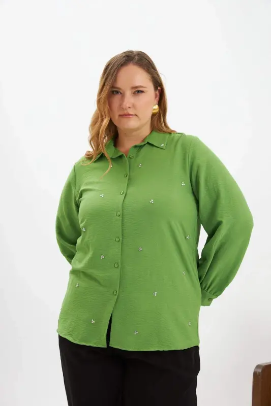 Plus Size Stone Detail Shirt Green - 2