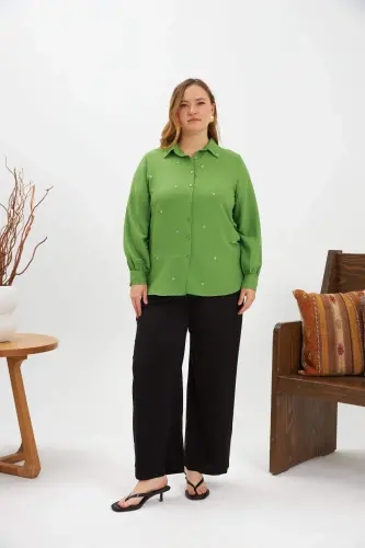 Plus Size Stone Detail Shirt Green - 3