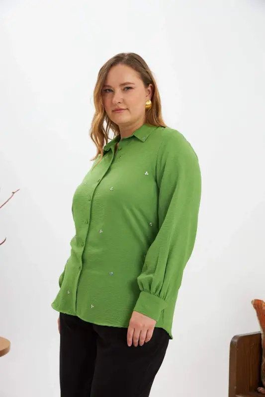 Plus Size Stone Detail Shirt Green - 4