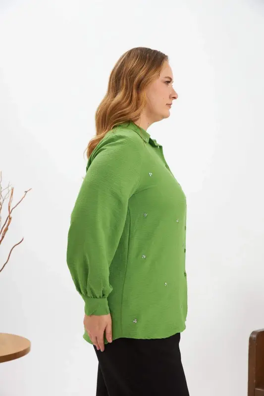 Plus Size Stone Detail Shirt Green - 5