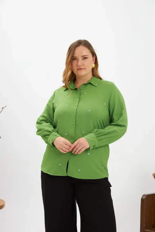 Plus Size Stone Detail Shirt Green - BÜYÜKBEDENIZ
