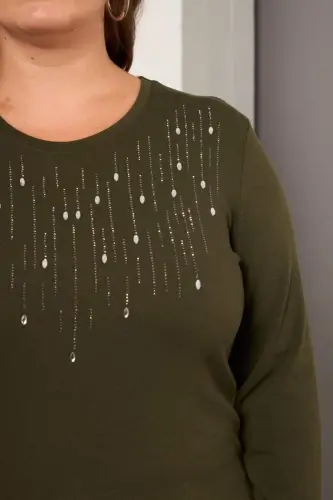 Plus Size Stone Detailed Front Blouse Khaki - BÜYÜKBEDENIZ (1)