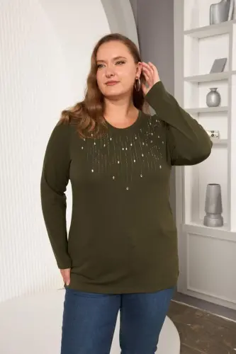 Plus Size Stone Detailed Front Blouse Khaki - 3