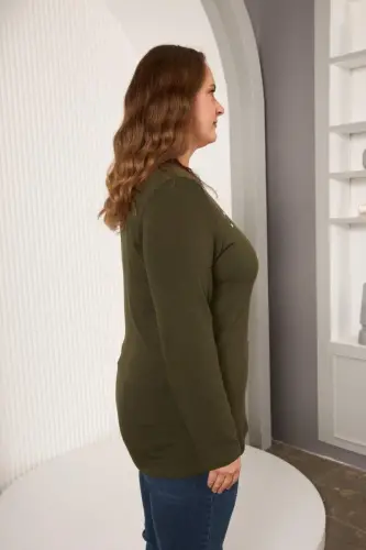 Plus Size Stone Detailed Front Blouse Khaki - 5