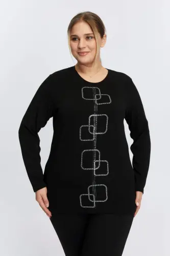 Plus Size Stone Detailed Knitted Sweater Black - 1