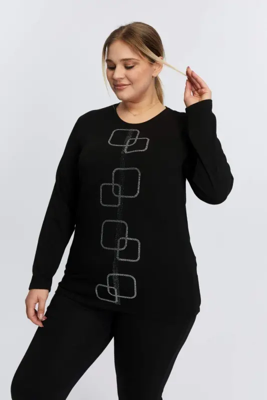 Plus Size Stone Detailed Knitted Sweater Black - 3