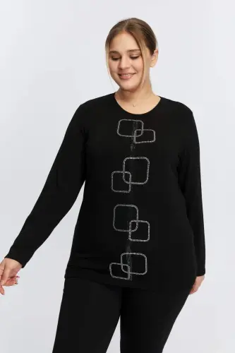 Plus Size Stone Detailed Knitted Sweater Black - 4