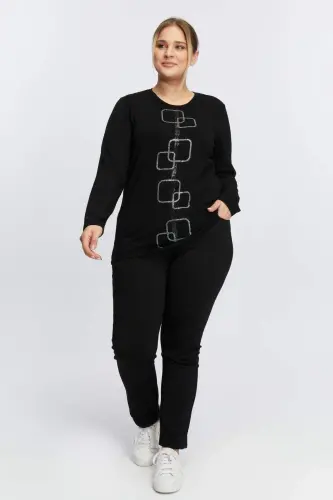 Plus Size Stone Detailed Knitted Sweater Black - 5