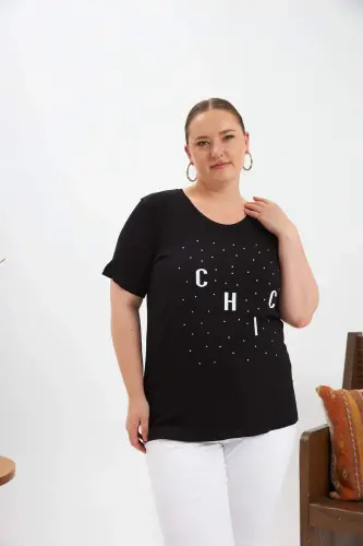 Plus Size Stone Detailed Printed T-Shirt Black - 1