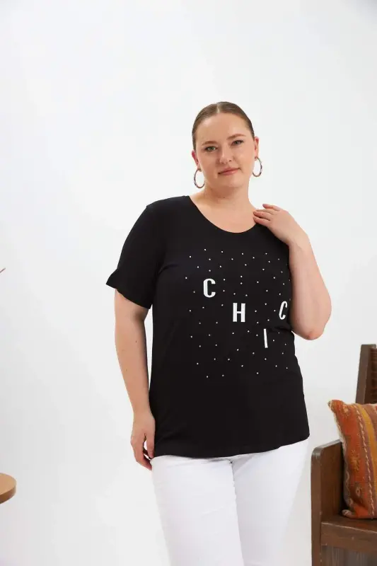 Plus Size Stone Detailed Printed T-Shirt Black - 1