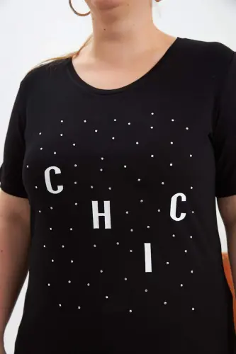 Plus Size Stone Detailed Printed T-Shirt Black - BÜYÜKBEDENIZ (1)