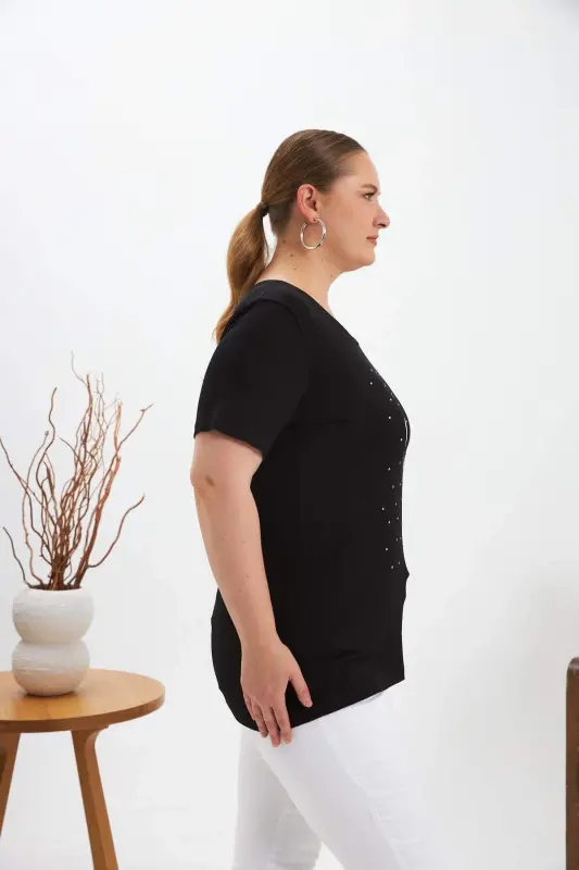 Plus Size Stone Detailed Printed T-Shirt Black - 3