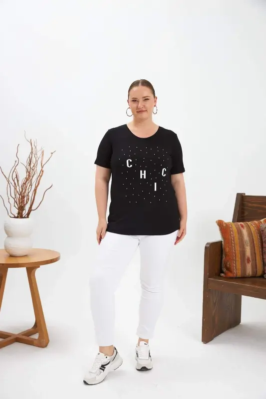 Plus Size Stone Detailed Printed T-Shirt Black - 4