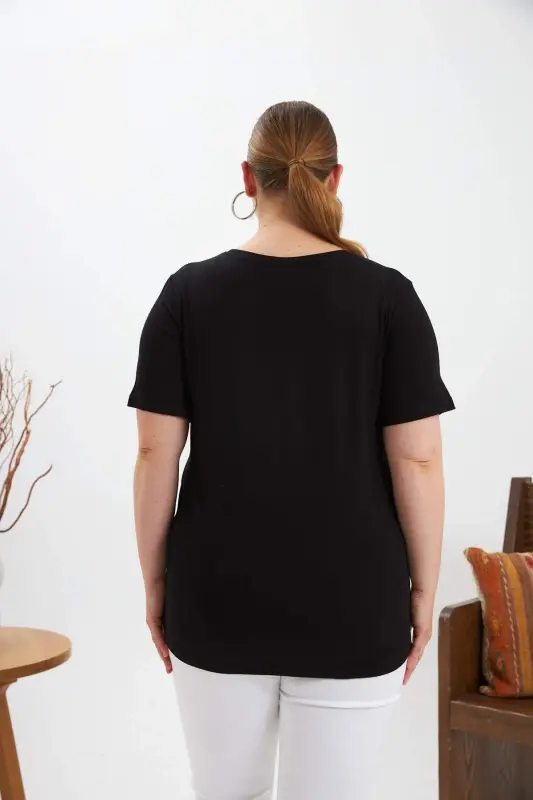 Plus Size Stone Detailed Printed T-Shirt Black - 5
