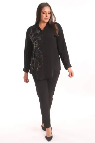 Plus Size Stone Detailed Woven Black Shirt - 2
