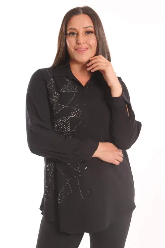Plus Size Stone Detailed Woven Black Shirt - 3