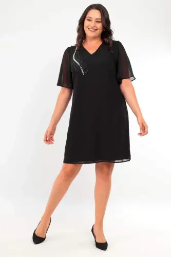 Plus Size Stone Print Chiffon Black Dress - BÜYÜKBEDENIZ (1)