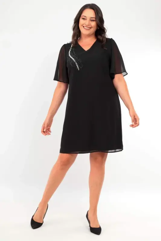 Plus Size Stone Print Chiffon Black Dress - 2