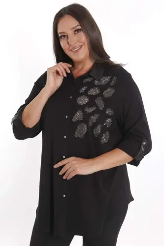 Plus Size Stone Print Detail Knitted Black Shirt - 1
