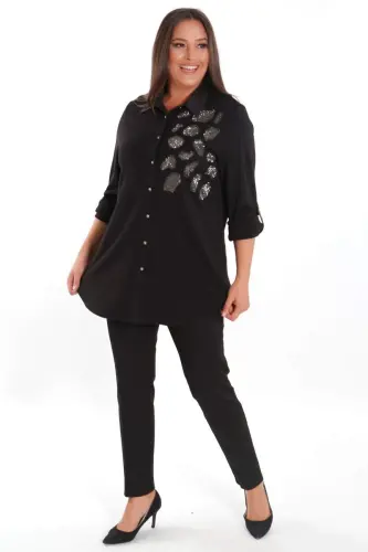 Plus Size Stone Print Detail Knitted Black Shirt - BÜYÜKBEDENIZ (1)