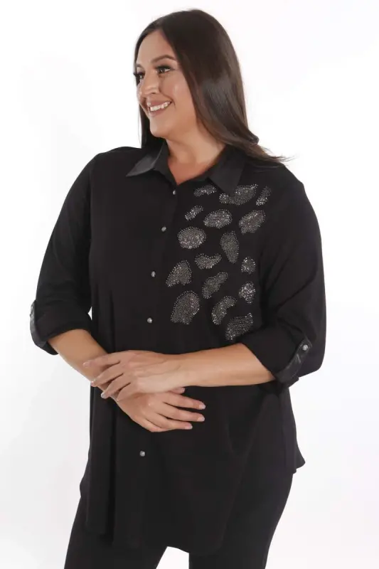 Plus Size Stone Print Detail Knitted Black Shirt - 3