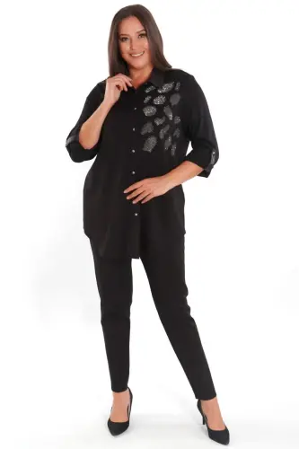 Plus Size Stone Print Detail Knitted Black Shirt - 5